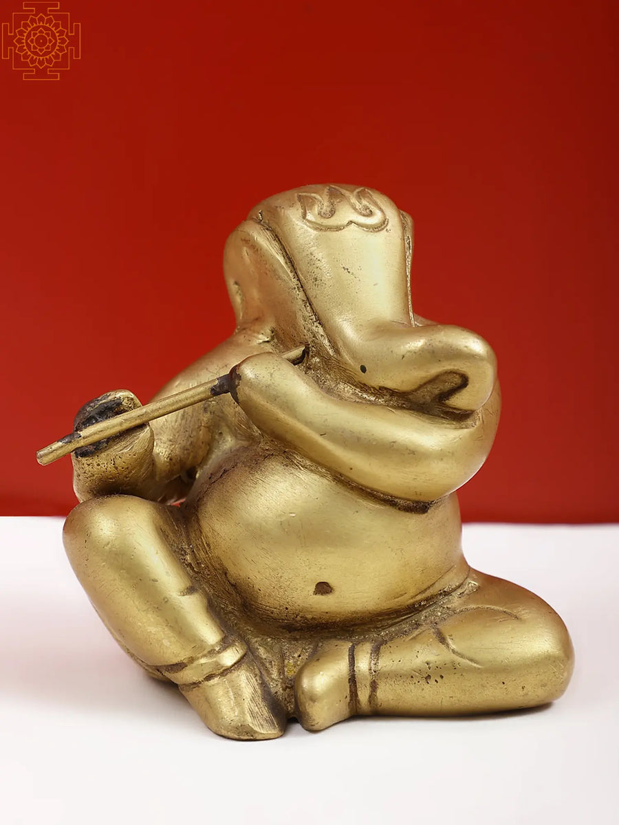3" Small Brass Murli Ganesha Handmade Statue