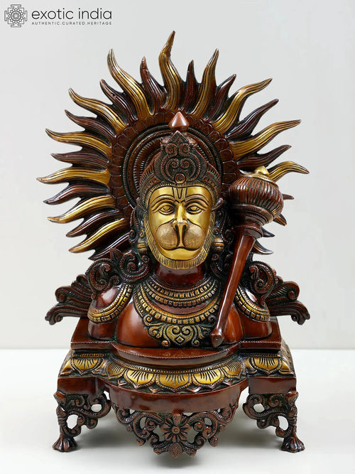 14" Brass Lord Hanuman Bust Statue with Pedestal Base