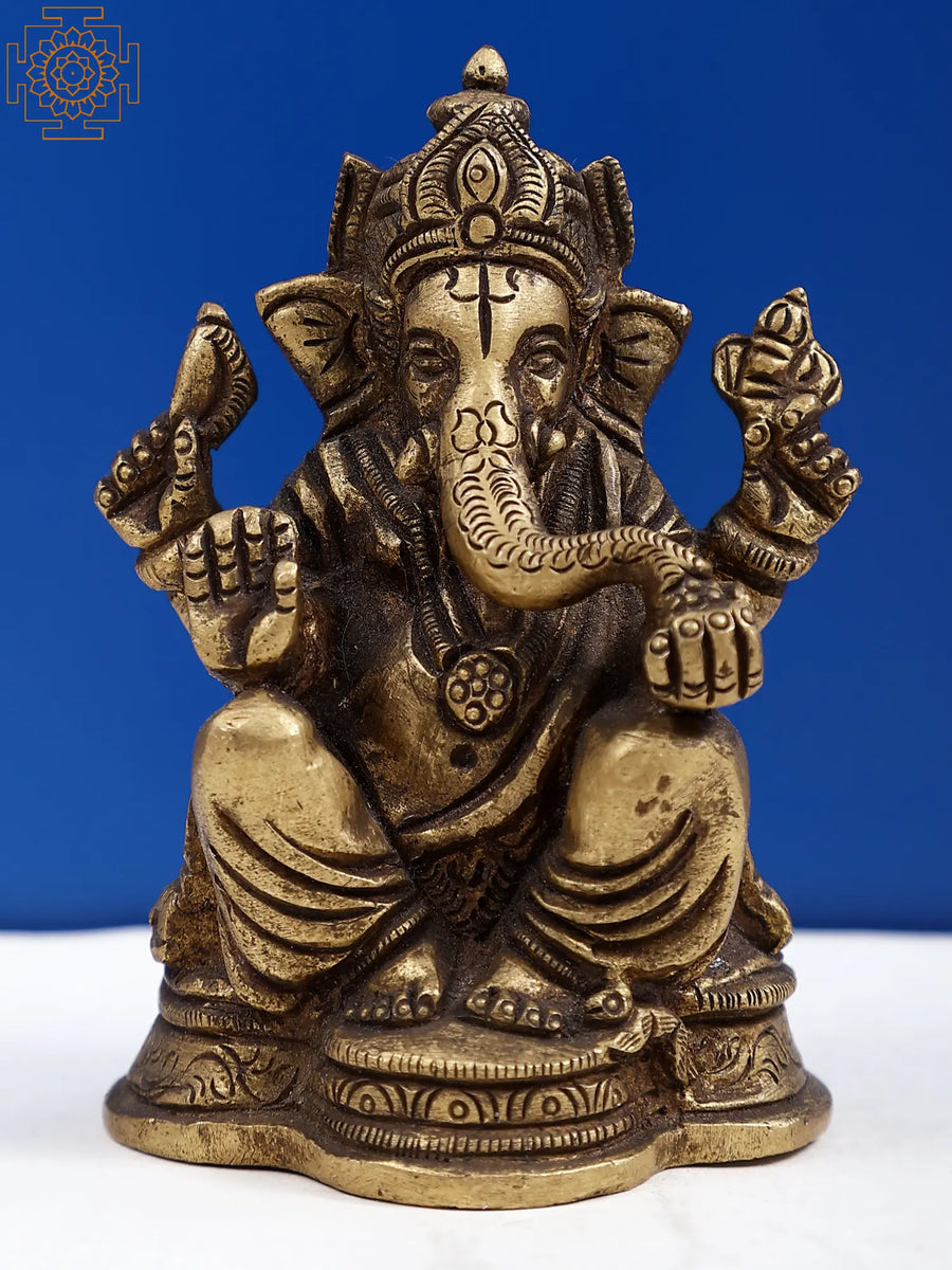 3" Small Brass Chaturbhuja Ganesha Idol for Pooja