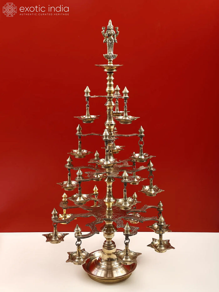 36" Large Brass Goddess Lakshmi Multi Wick Lamp