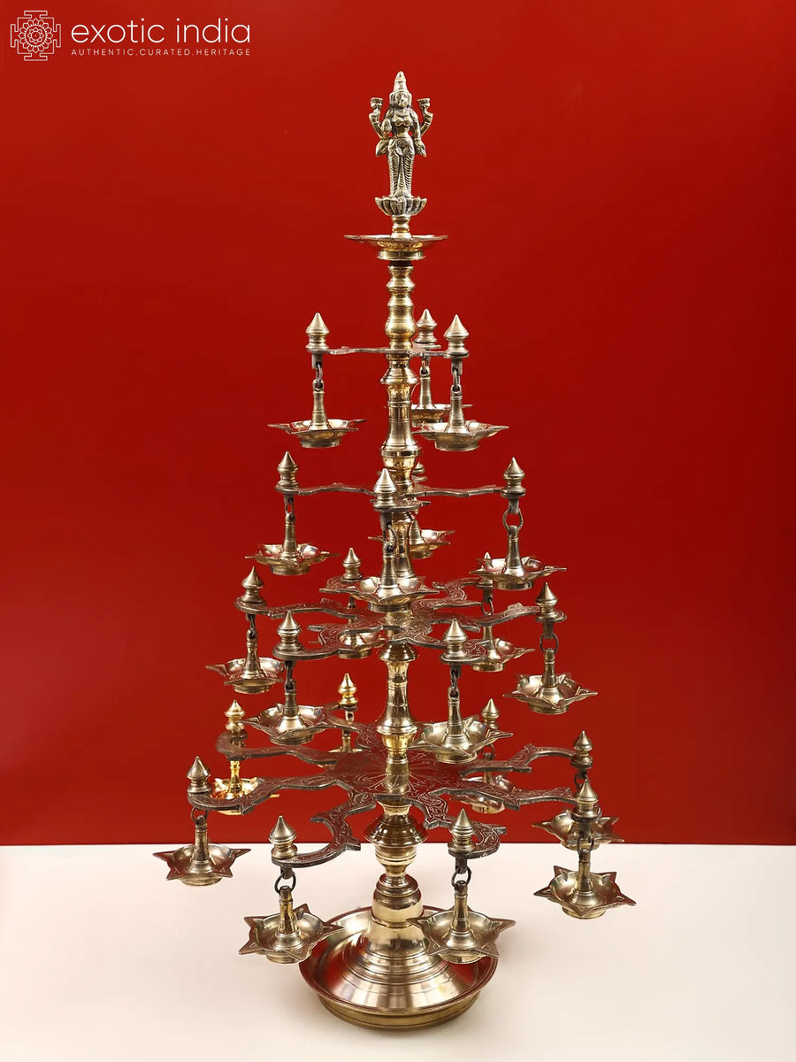 36" Brass Goddess Lakshmi Oil Lamp for Pooja