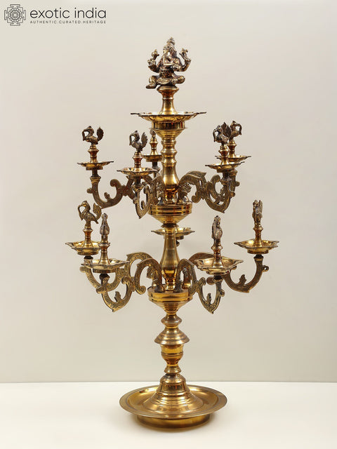 31" Large Brass Lord Ganesha Multi Wick Lamp