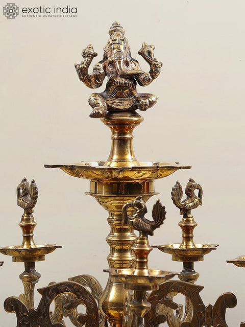 31" Large Brass Lord Ganesha Multi Wick Lamp