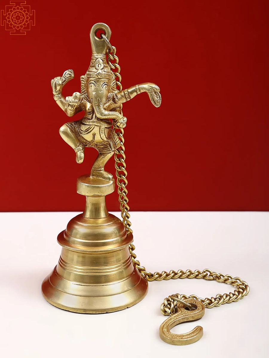 9" Brass Dancing Ganesha Hanging Bell Statue