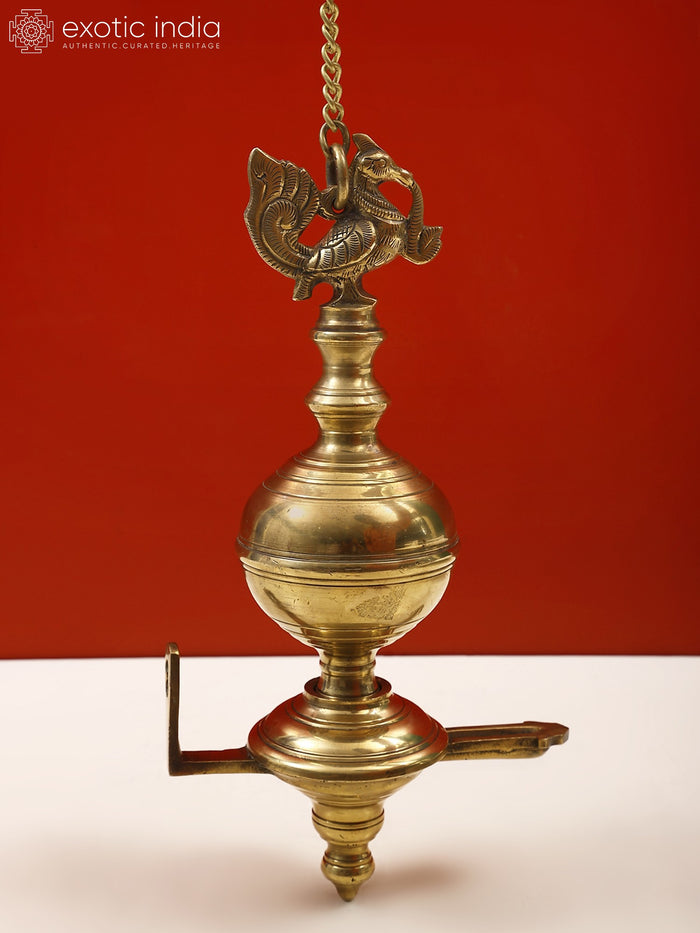 13" Brass Peacock Statue with Hanging Diya for Pooja