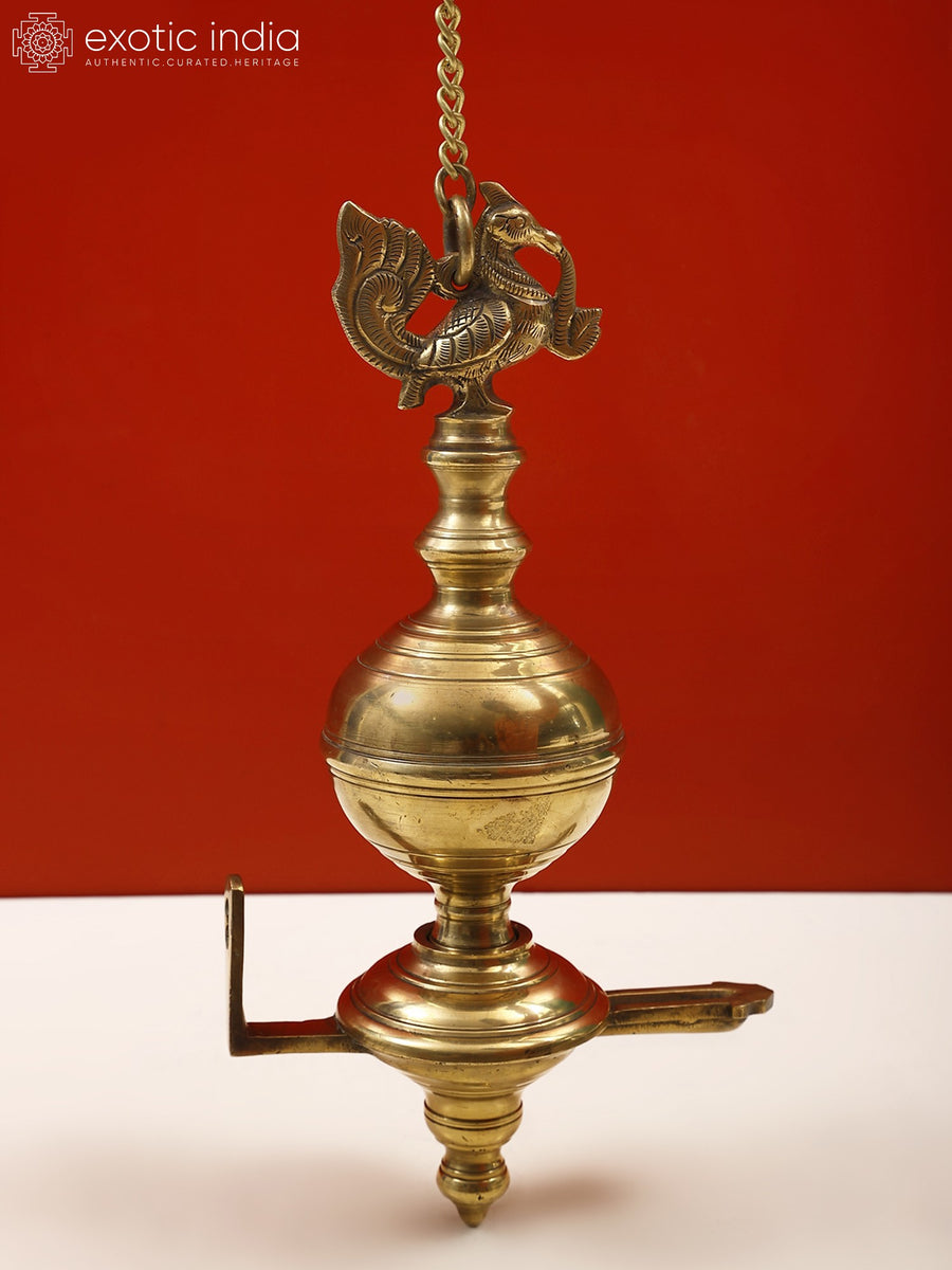 13" Brass Peacock Statue with Hanging Diya for Pooja