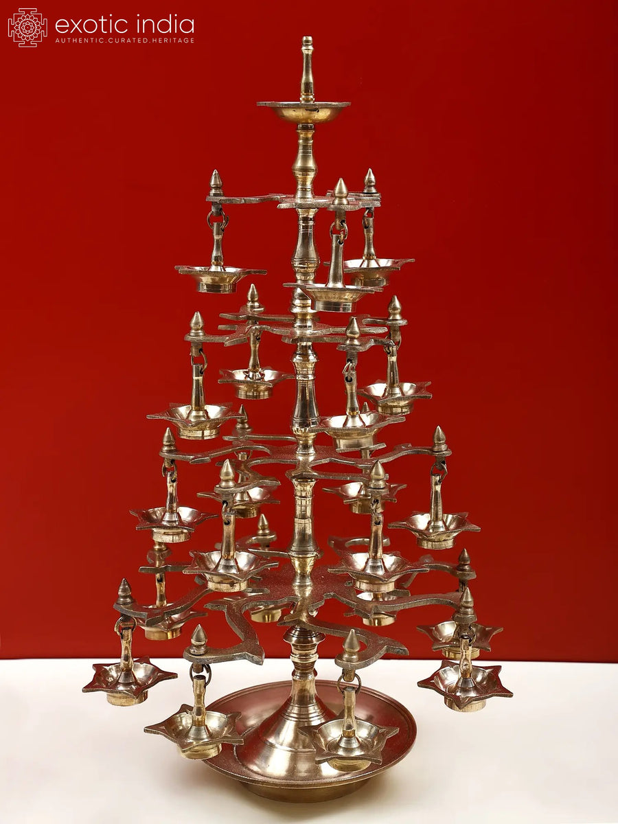 17" Brass Multi-Wick Oil Lamp for Pooja