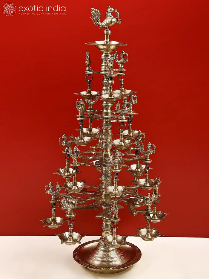 28" Brass Peacock Multi Wick Oil Lamp for Home Decor
