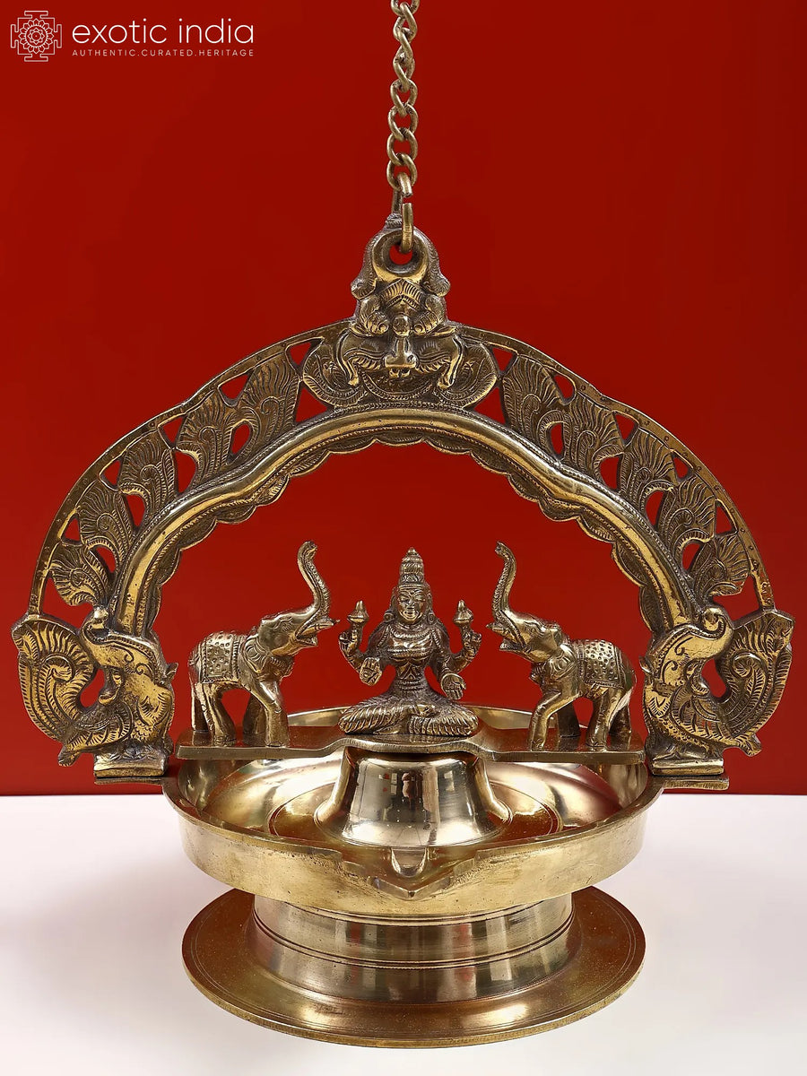 13" Brass Gaja Lakshmi Hanging Diya for Pooja