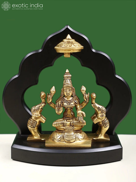 7" Brass Goddess Gaja Lakshmi Sitting on Wooden Temple