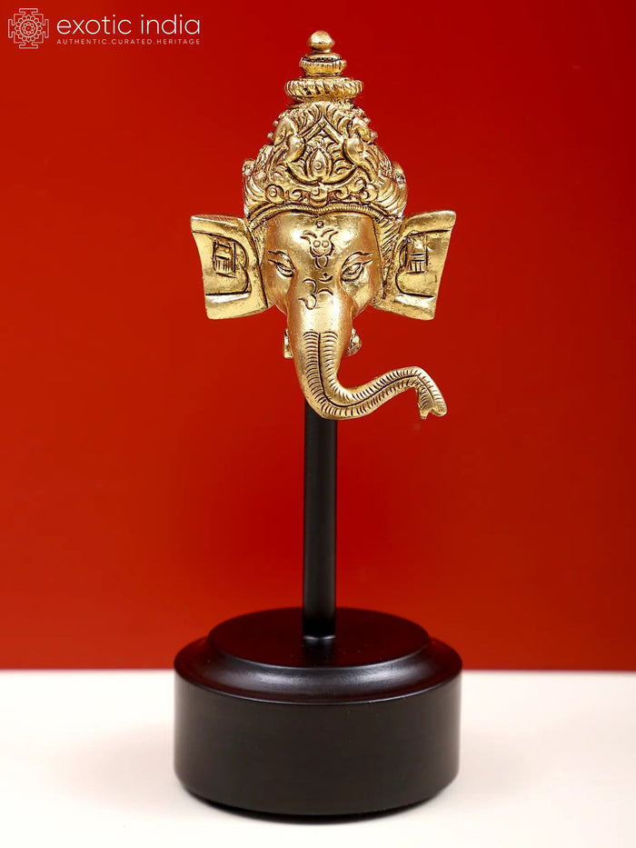 5" Small Brass Ganesha Head Statue with Wooden Base
