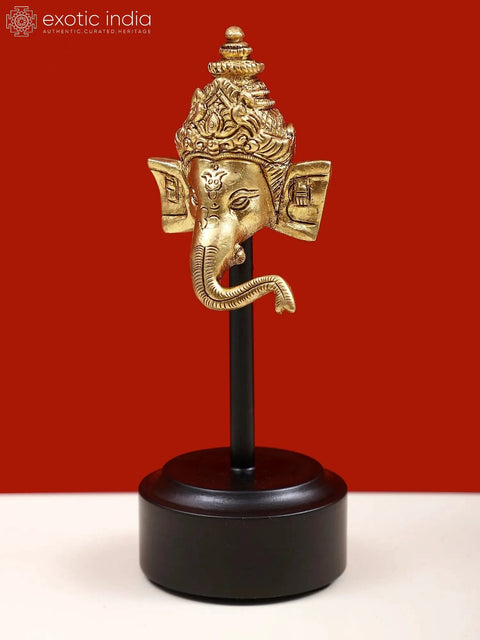 5" Small Brass Ganesha Head with Wooden Base