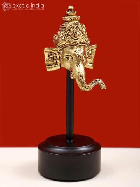 5" Small Brass Ganesha Head with Wooden Base