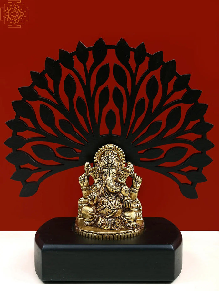 6" Small Brass Lord Ganesha Idol with Wooden Tree Base