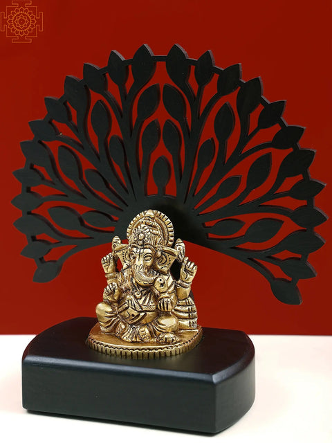 6" Small Brass Lord Ganesha with Wooden Tree