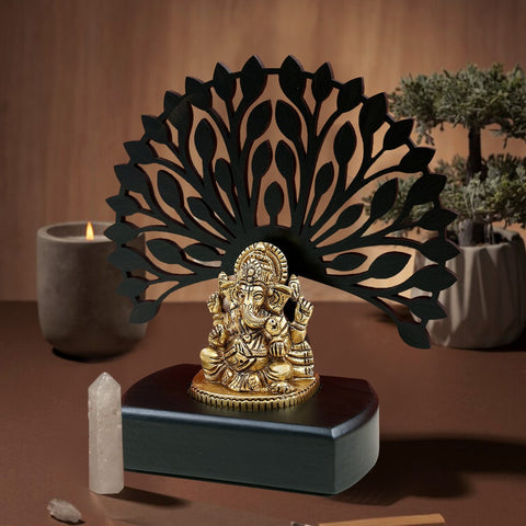 6" Small Brass Lord Ganesha with Wooden Tree