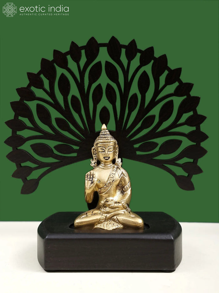 6" Handmade Brass Lord Buddha Statue with Wooden Tree