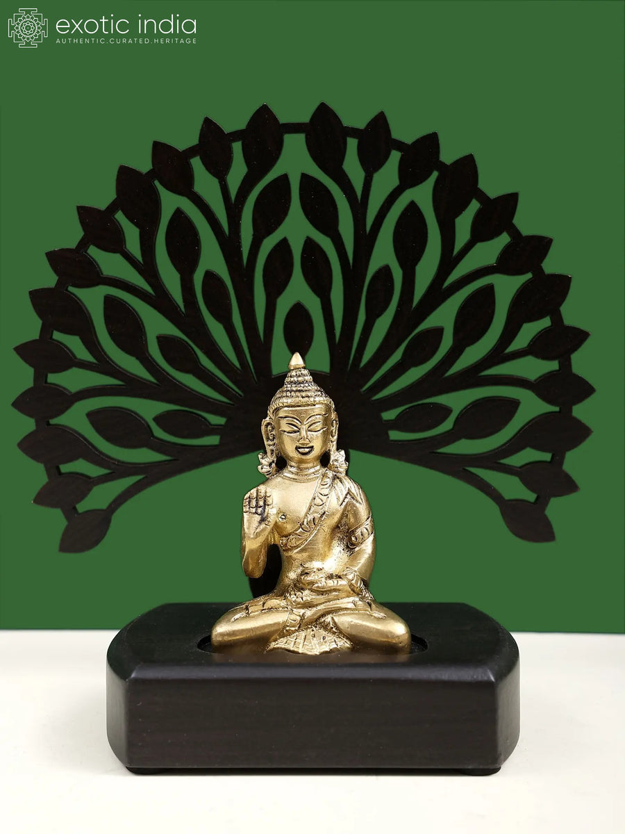 6" Handmade Brass Lord Buddha Statue with Wooden Tree