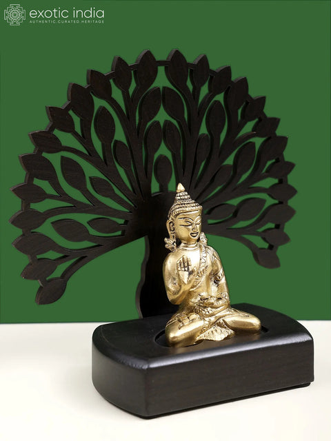 6" Small Brass Lord Buddha with Wooden Tree