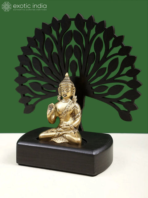 6" Small Brass Lord Buddha with Wooden Tree
