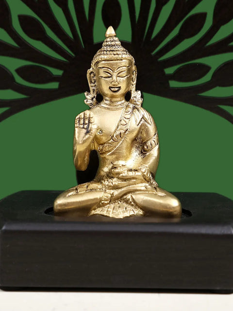 6" Small Brass Lord Buddha with Wooden Tree
