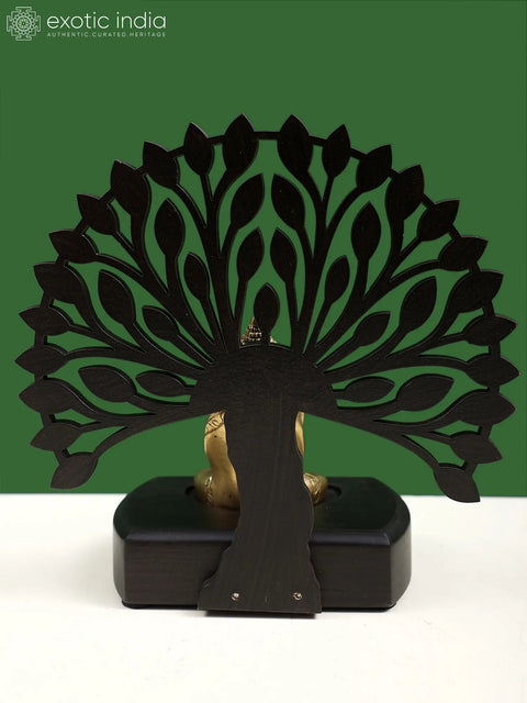6" Small Brass Lord Buddha with Wooden Tree