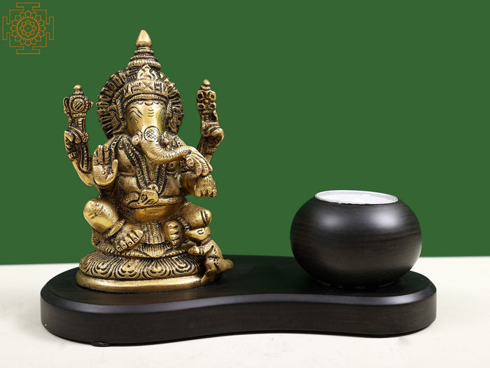 7" Brass Lord Ganesha Idol with Candle Holder on Wooden Base