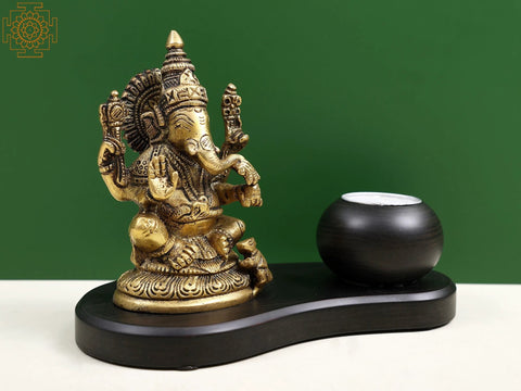 7" Brass Lord Ganesha with Candle on Wooden Base