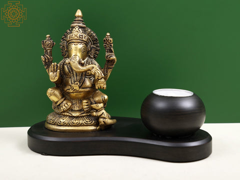 7" Brass Lord Ganesha with Candle on Wooden Base