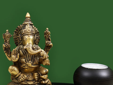 7" Brass Lord Ganesha with Candle on Wooden Base