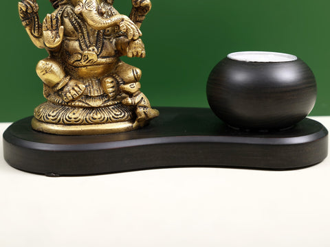 7" Brass Lord Ganesha with Candle on Wooden Base