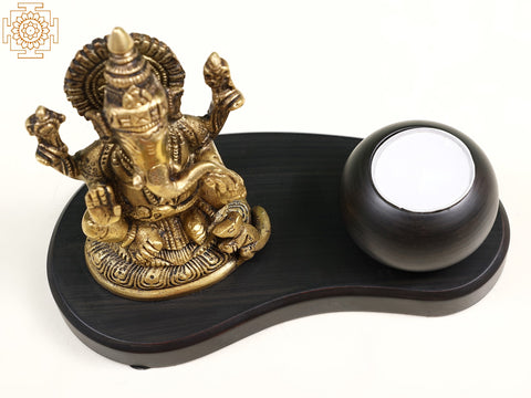 7" Brass Lord Ganesha with Candle on Wooden Base