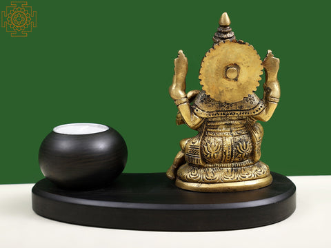 7" Brass Lord Ganesha with Candle on Wooden Base