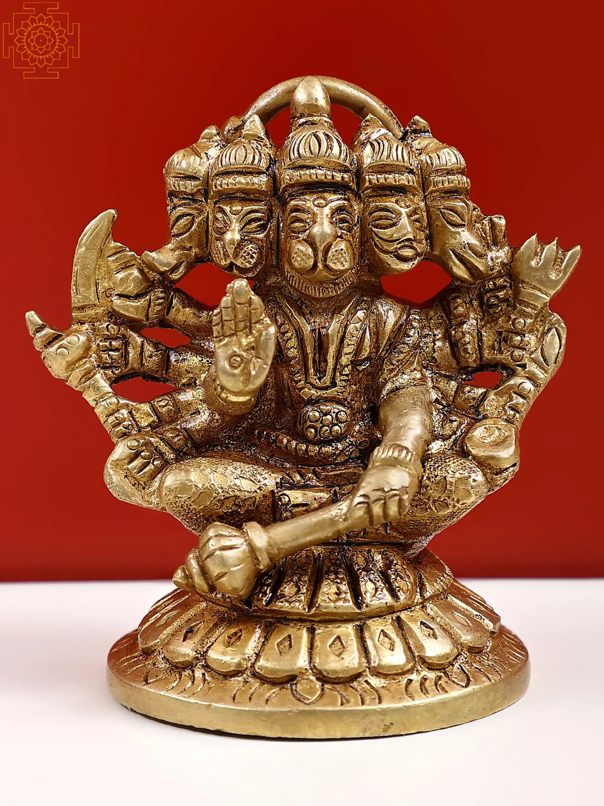 2" Small Brass Panchmukhi Hanuman Sculpture Seated on Pedestal