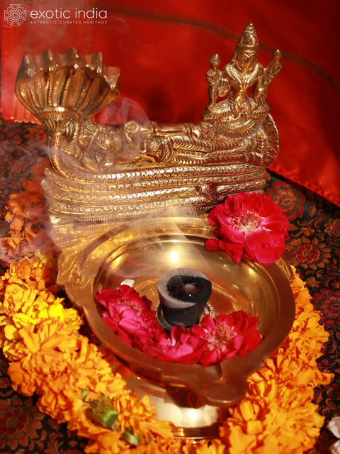 7" Brass Lamp Lord Sheshshayi Vishnu with Goddess Lakshmi