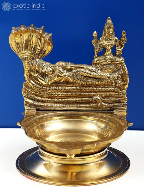 7" Brass Lamp Lord Sheshshayi Vishnu with Goddess Lakshmi