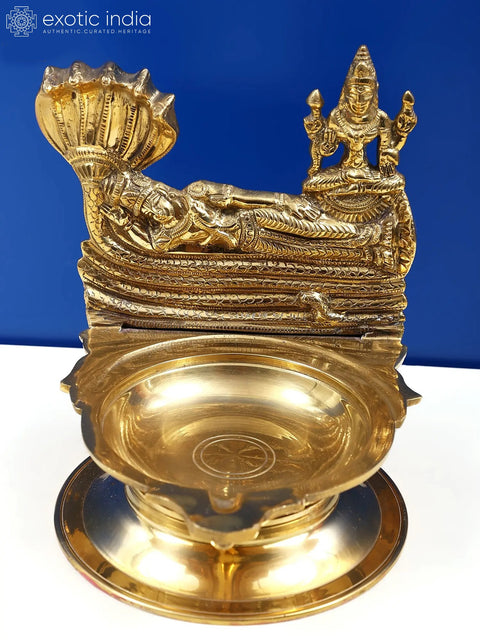 7" Brass Lamp Lord Sheshshayi Vishnu with Goddess Lakshmi