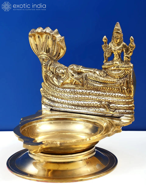 7" Brass Lamp Lord Sheshshayi Vishnu with Goddess Lakshmi