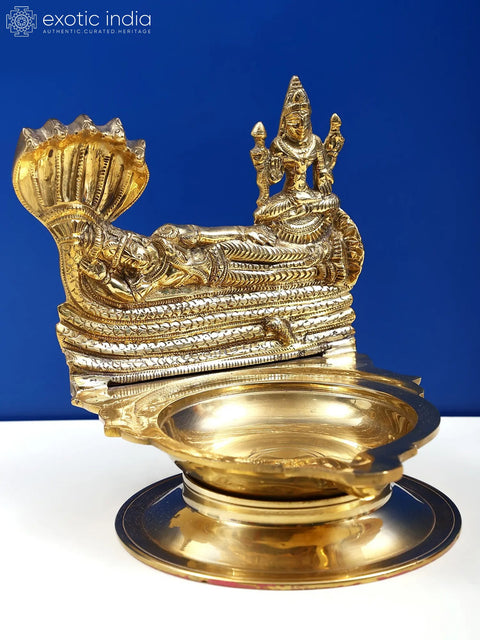 7" Brass Lamp Lord Sheshshayi Vishnu with Goddess Lakshmi