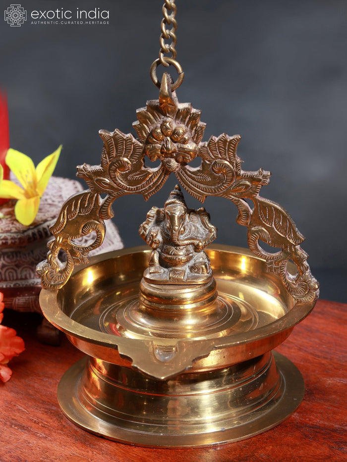 9" Brass Lord Ganesha Hanging Diya for Pooja