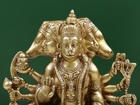 8" Brass Panchmukhi Hanuman Idol Seated on Pedestal