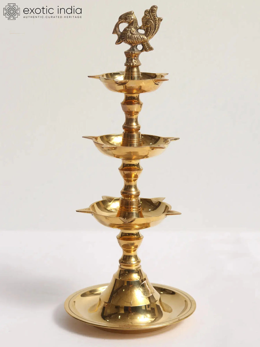 Brass Peacock Three-Layer Oil Lamp for Pooja