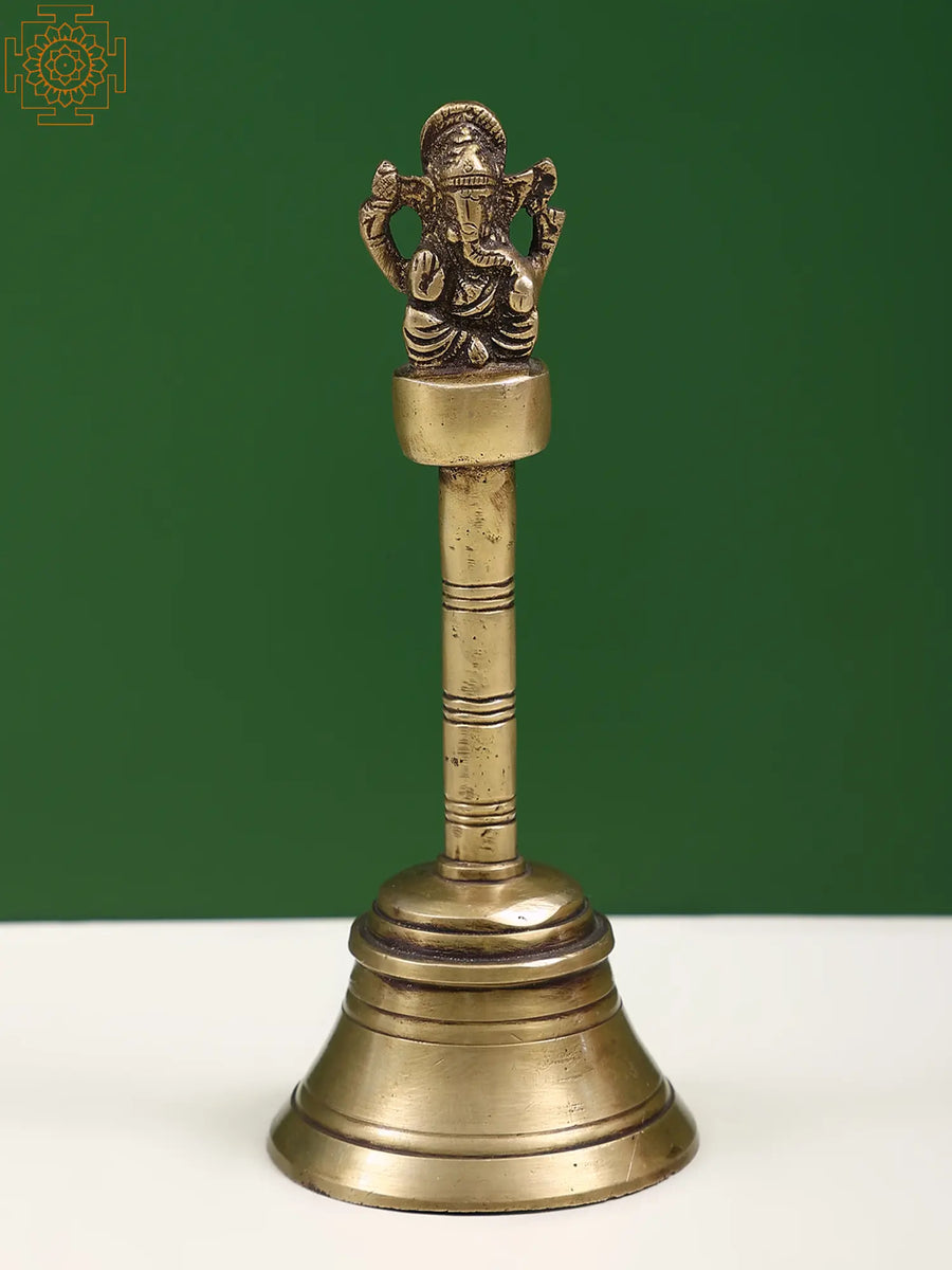 7" Brass Ganesha Handheld Bell for Pooja