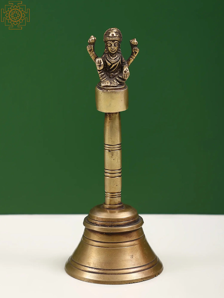 7" Brass Lakshmi Handheld Bell for Pooja