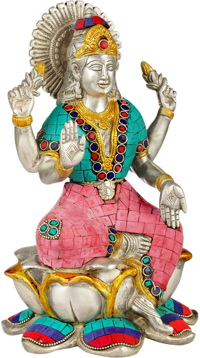 9" Ganesha Lakshmi Saraswati Brass Statue (Set of 3) With Inlay Work In Brass | Handmade | Made In India