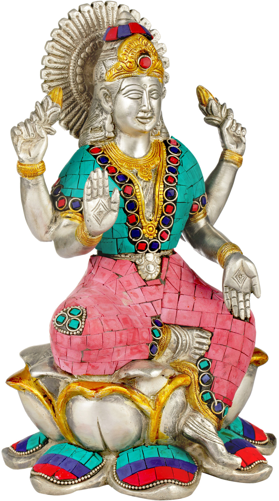 9" Ganesha Lakshmi Saraswati Brass Statue Set Handmade with Inlay Work