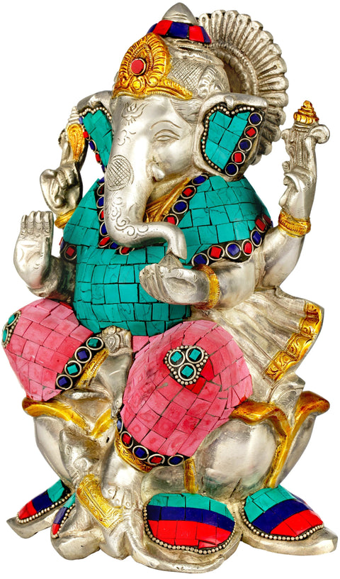 9" Ganesha Lakshmi Saraswati Brass Statue (Set of 3) With Inlay Work In Brass | Handmade | Made In India