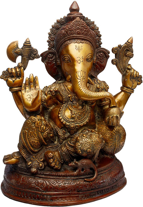 13" Handmade Resting Ganesha Brass Statue With Pillow