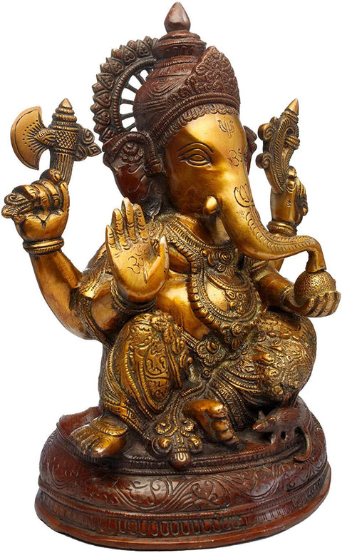 13" Resting Ganesha with Pillow Statue In Brass | Handmade | Made In India