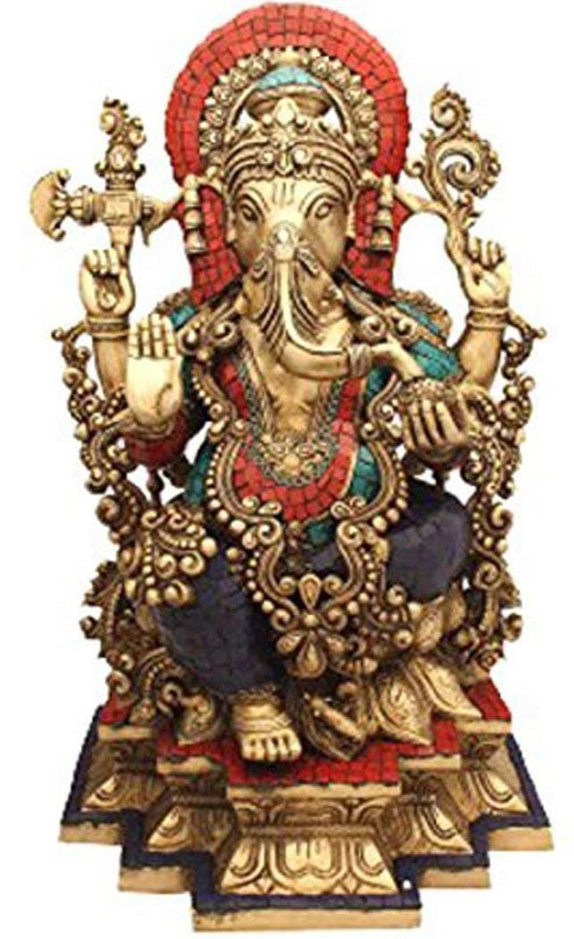 19" Lord Ganesha Brass Statue with Inlay Handmade Home Decor